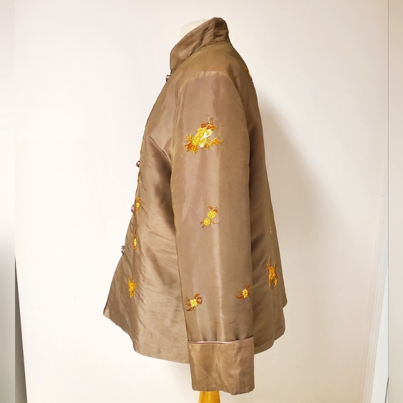 Chinese Tang Suit Jacket Embroidery Women Vintage Gold Taupe Bronze - Picture 4 of 13